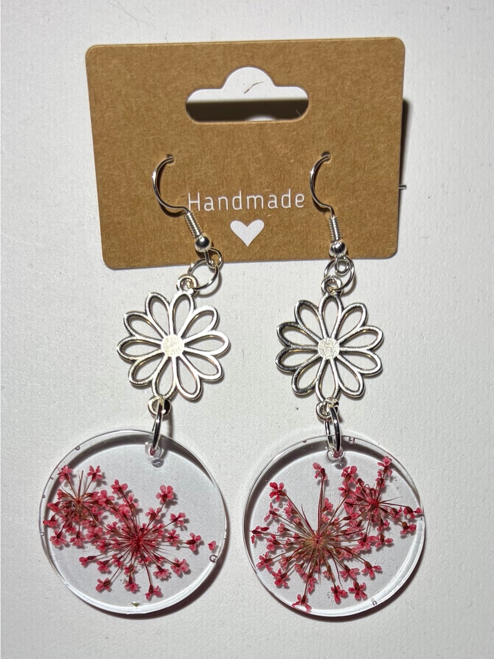 Silver Daisy Dangle Earrings with Pink Pressed Flowers